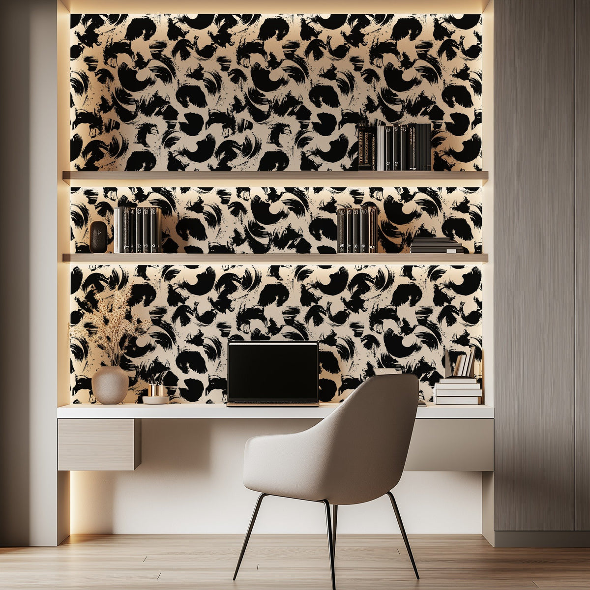 Black Paint bold hand-painted brushstroke wallpaper in a home office