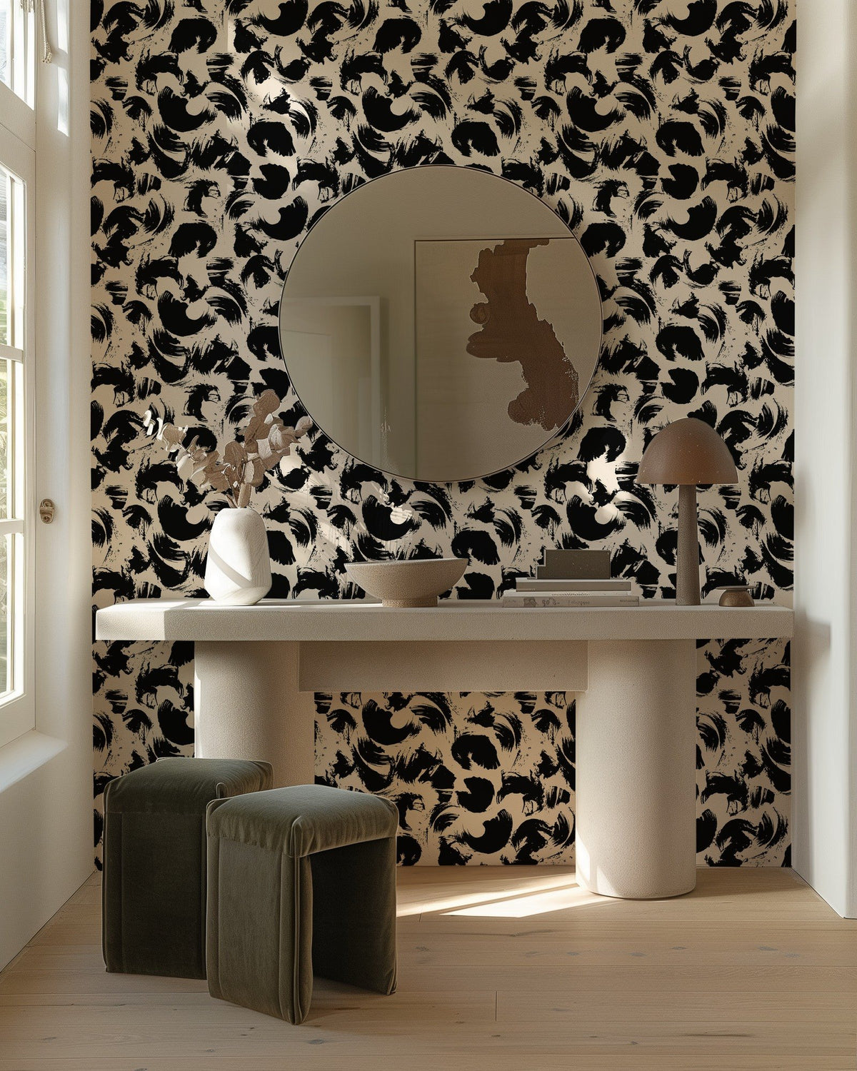 Black Paint bold hand-painted brushstroke wallpaper in a home office