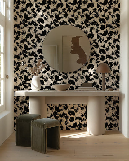 Black Paint bold hand-painted brushstroke wallpaper in a home office