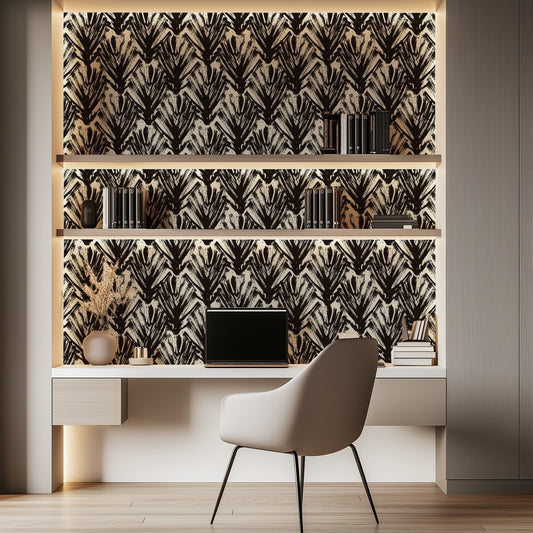 Black Painted Palms bold black palm-tree wallpaper on ivory ground in a home office