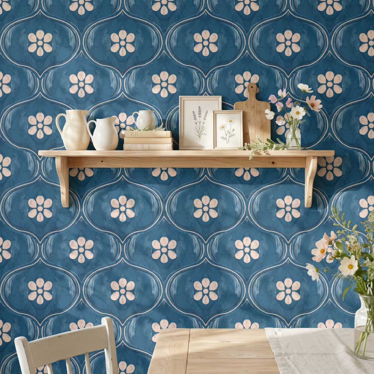 Blue Ornament modern abstract floral wallpaper in deep blue in a dining room