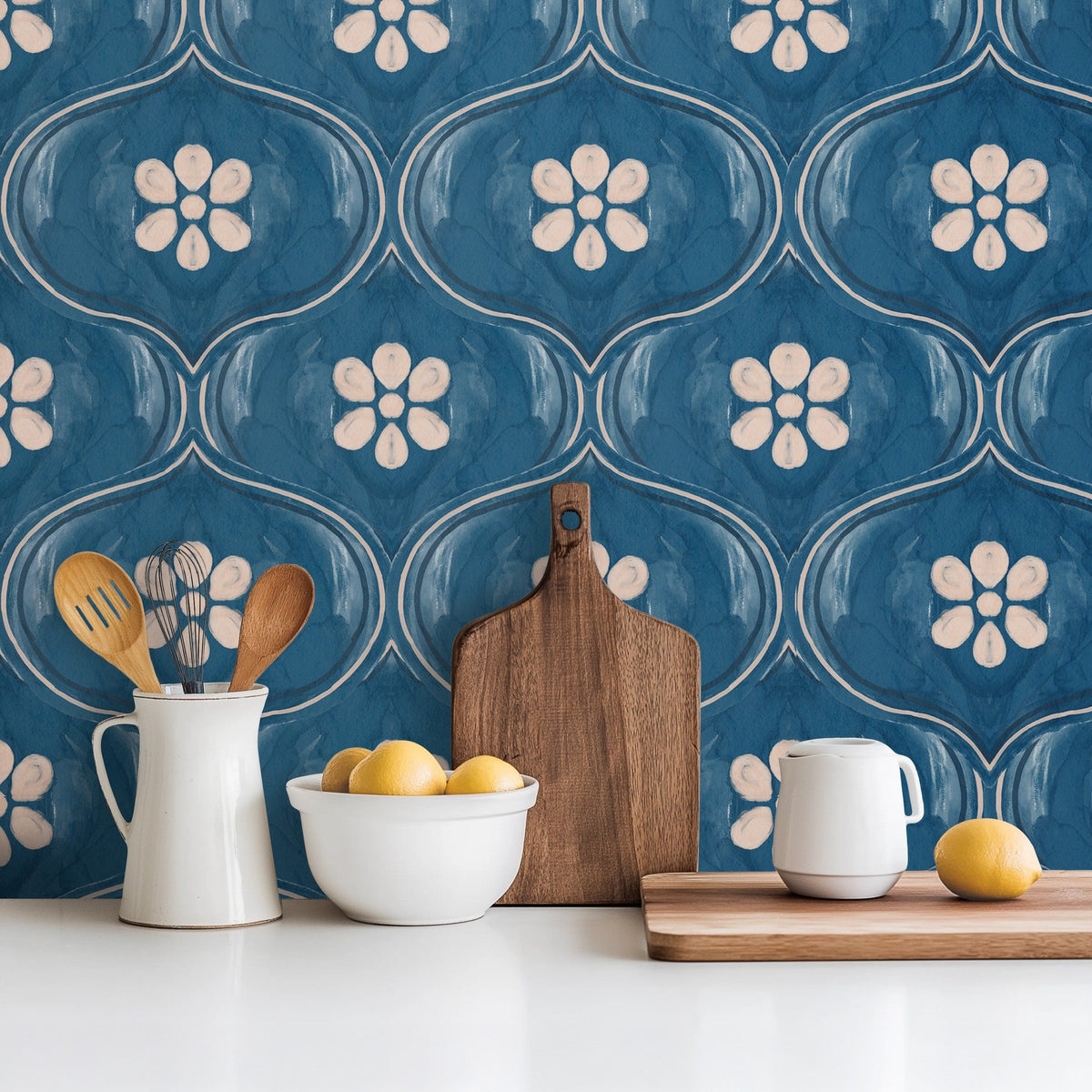 Blue Ornament modern abstract floral wallpaper in deep blue in a dining room
