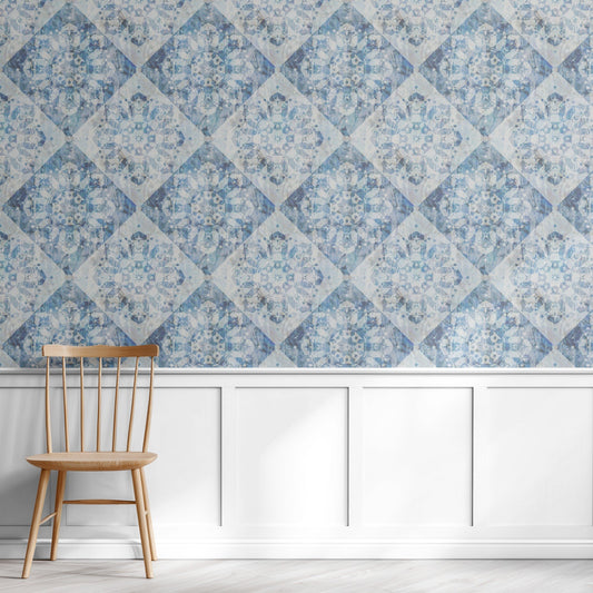 Blue Tiles coastal blue tile-effect wallpaper in a home office