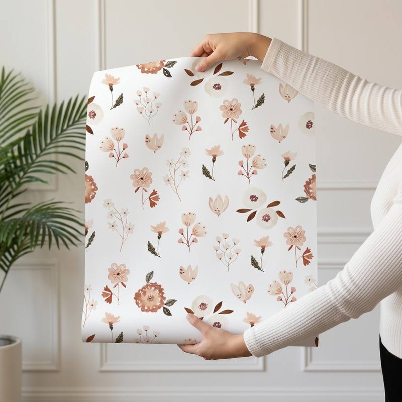 Blush Meadow wallpaper design — peach and terracotta watercolour wildflowers on white