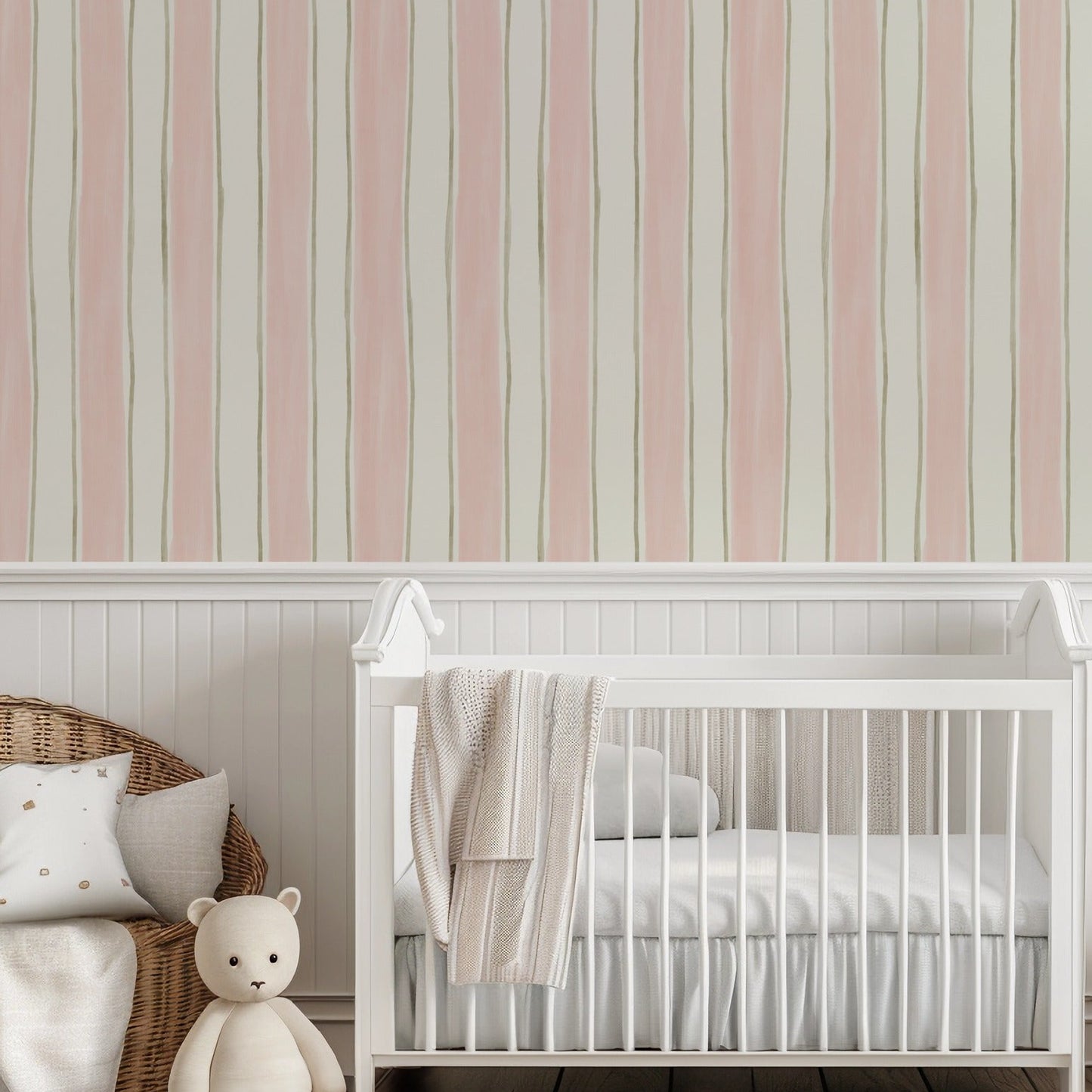 Blush Sage Stripes wallpaper in a nursery and children's room