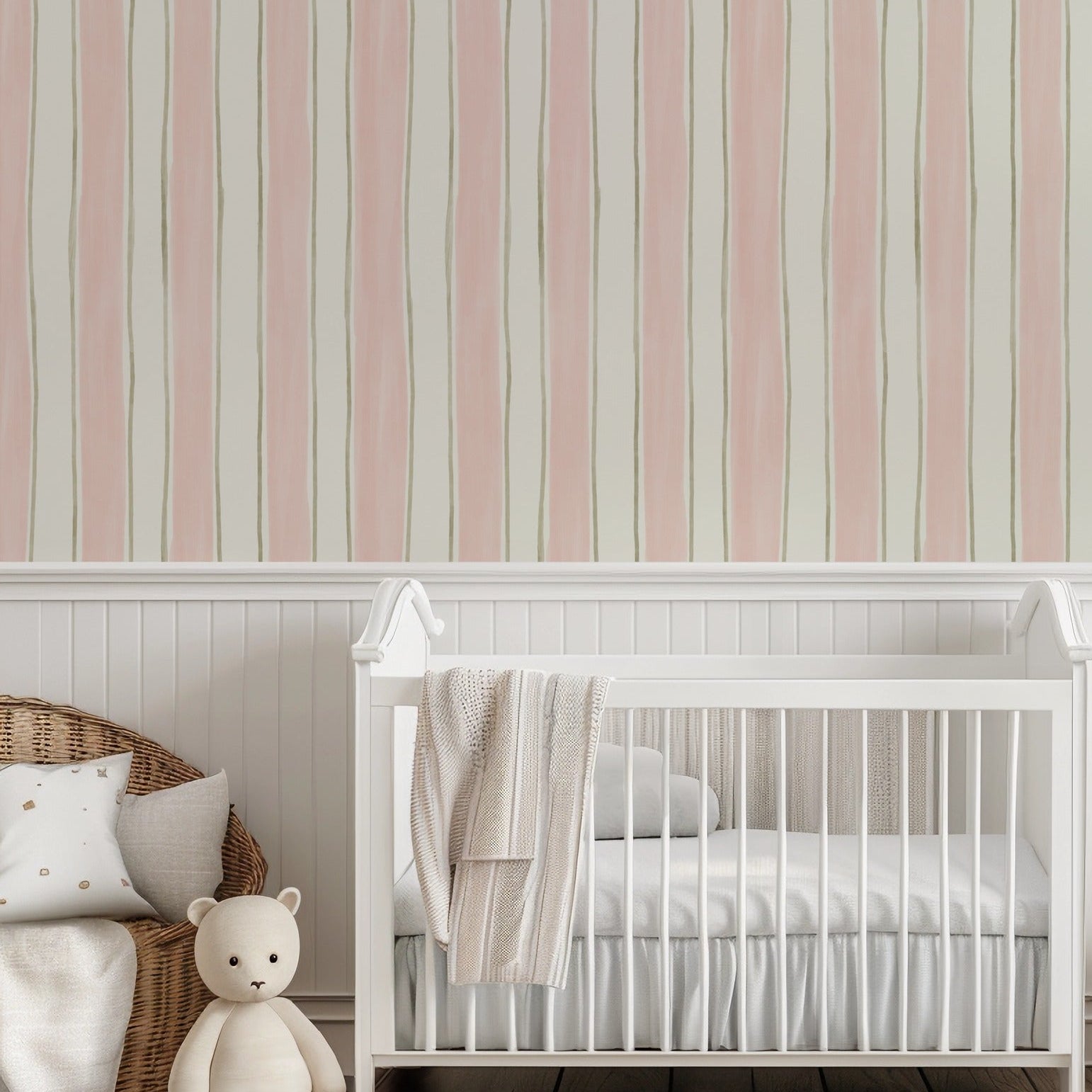 Blush Sage Stripes wallpaper in a nursery and children's room