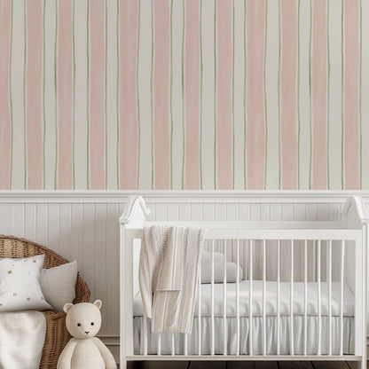 Blush Sage Stripes wallpaper in a nursery and children's room