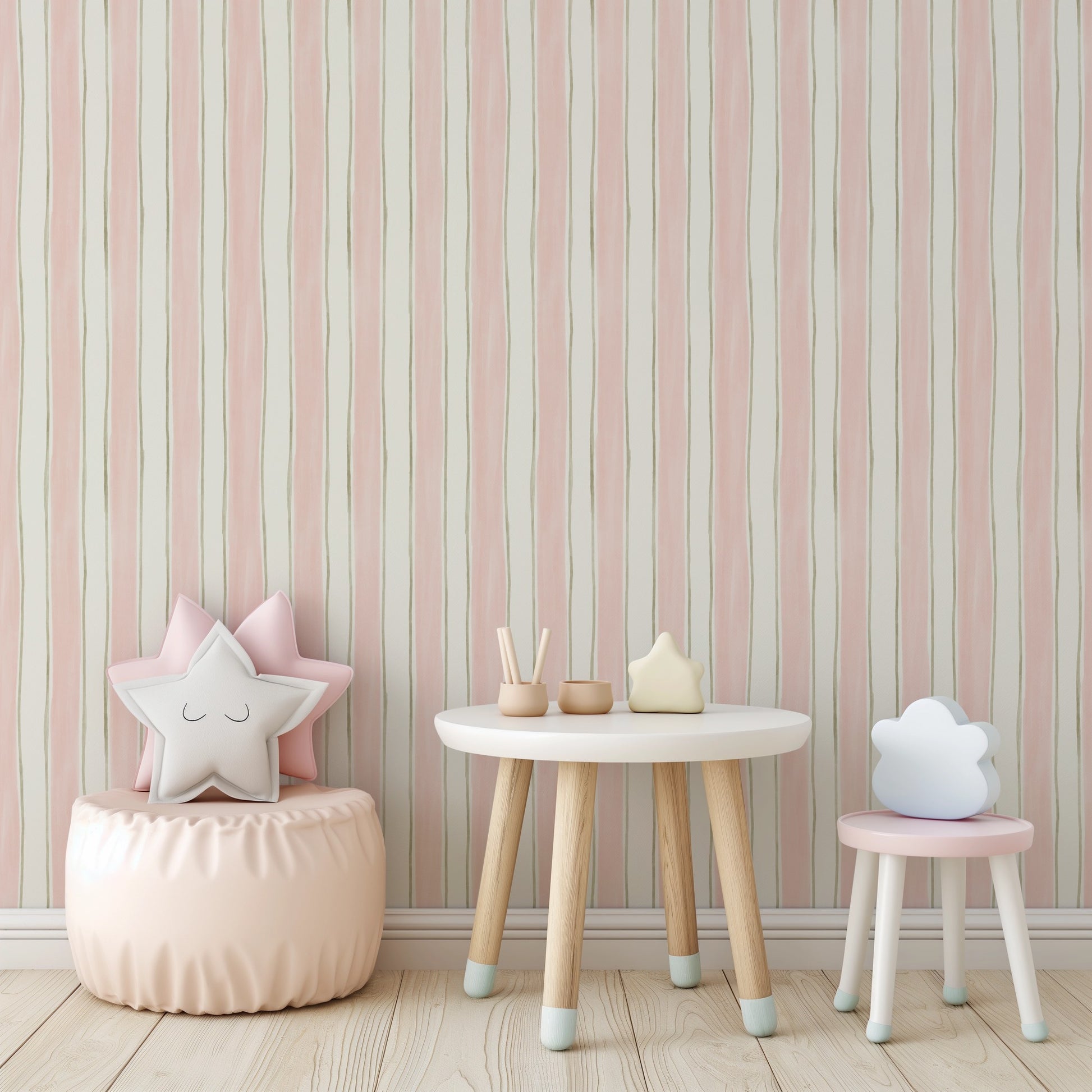 Blush Sage Stripes wallpaper in a nursery and children's room