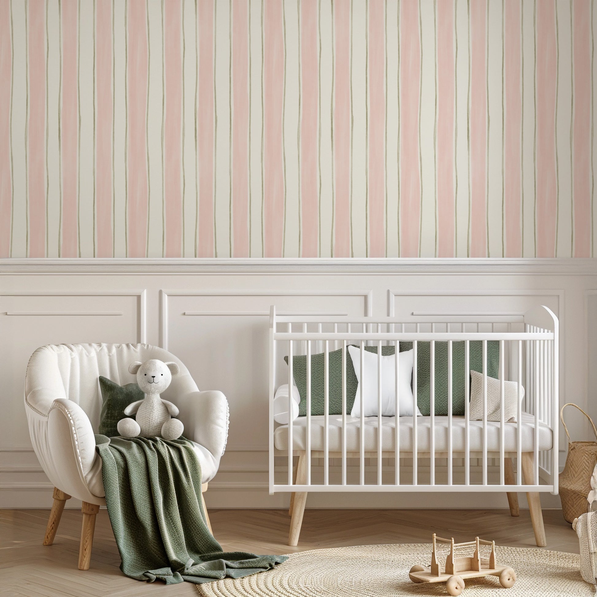 Blush Sage Stripes wallpaper in a nursery and children's room