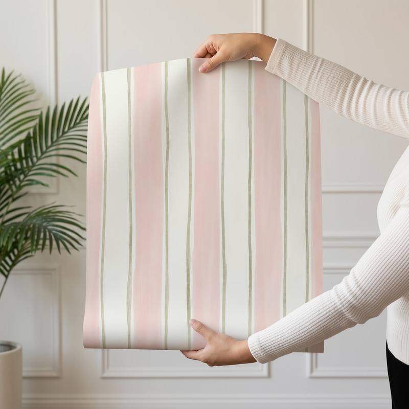 Blush Sage Stripes wallpaper design — hand-drawn blush and sage pinstripes on cream