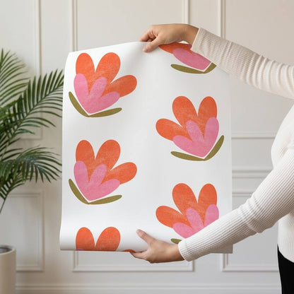 Bold Blooms wallpaper design — bright orange and pink watercolour flowers on white