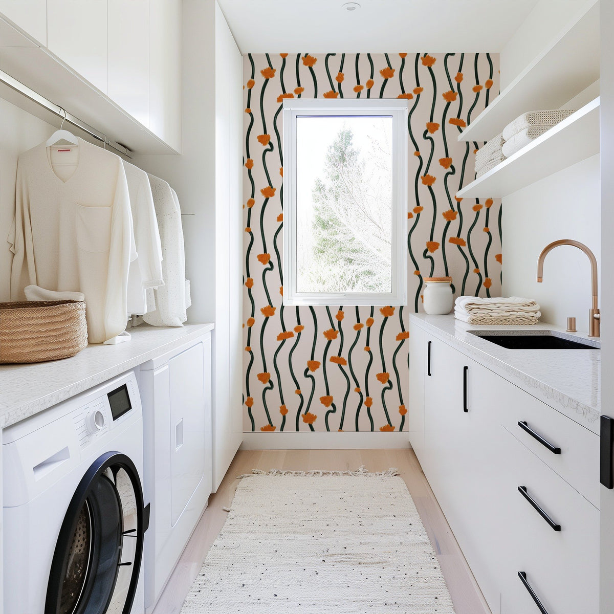 Bold Lines modern line-art geometric wallpaper in a bathroom