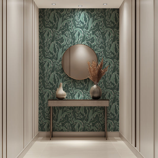 Botanical Strokes green brushstroke leaf wallpaper in a home office