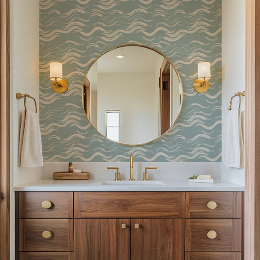 Bright Brush Waves light blue brushstroke wave wallpaper in a bathroom