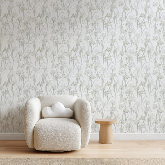 Bright Irises sage green and purple iris floral wallpaper in a home office