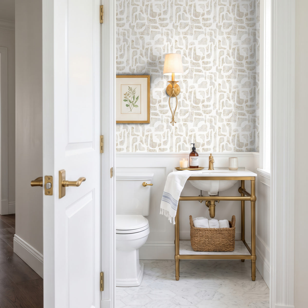 Bright Stones abstract stone-shape wallpaper in warm ivory and sand in a bathroom