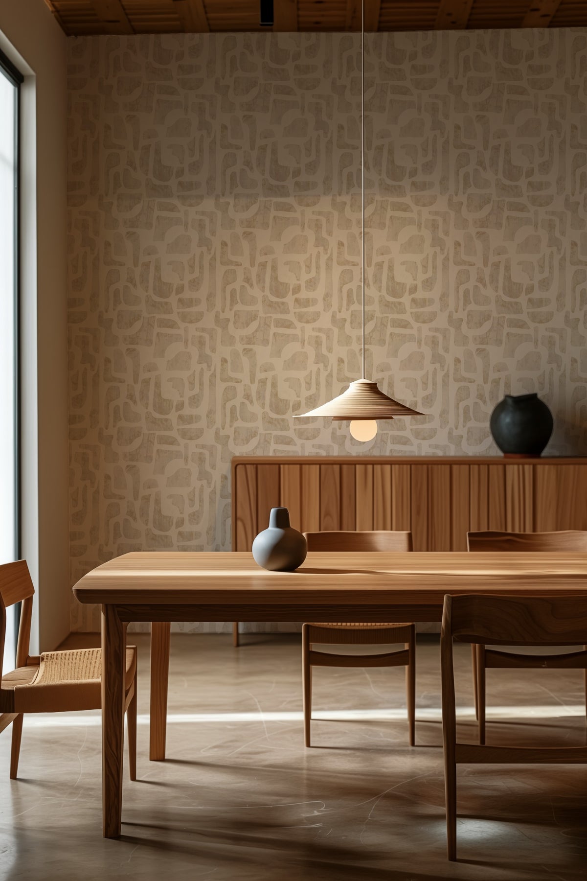 Bright Stones abstract stone-shape wallpaper in warm ivory and sand in a dining room