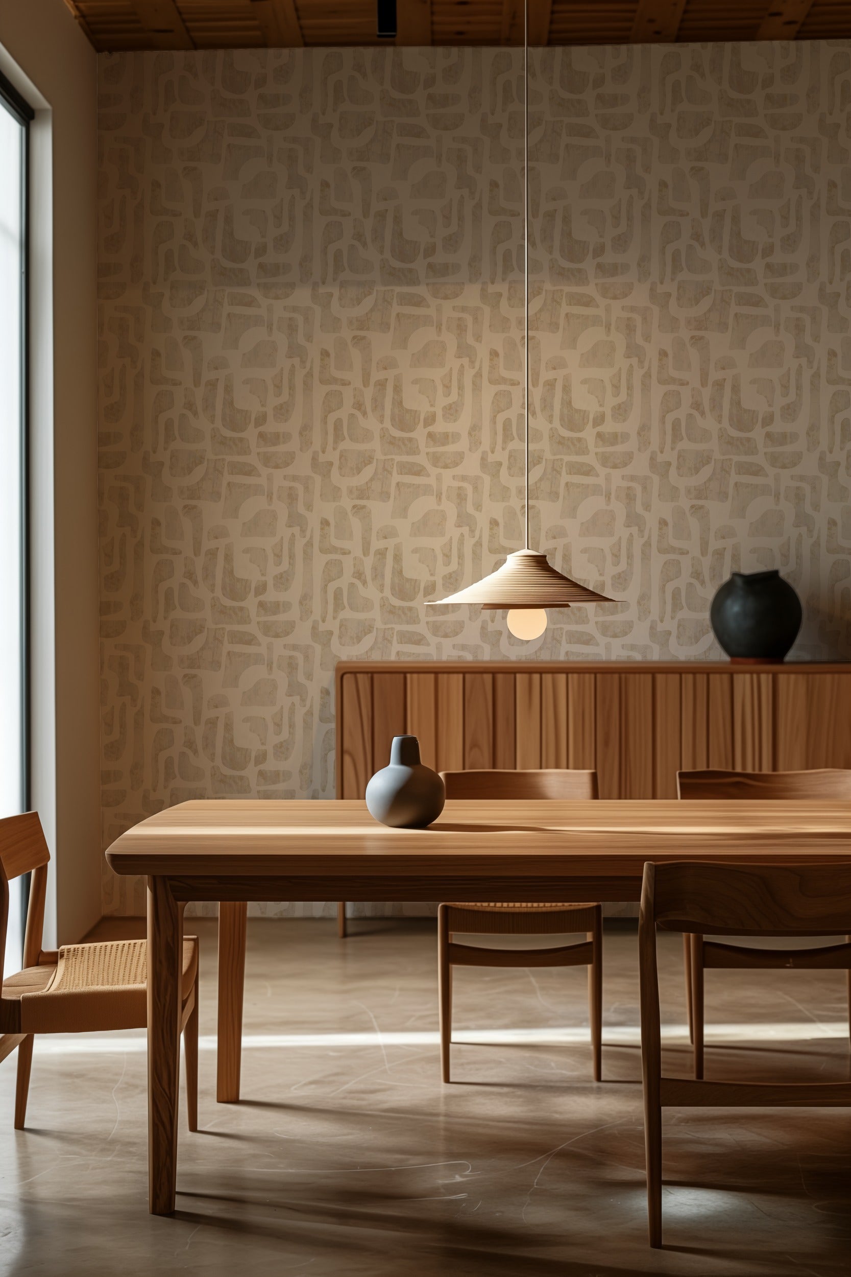 Bright Stones abstract stone-shape wallpaper in warm ivory and sand in a dining room