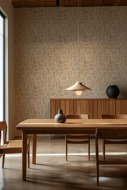 Bright Stones abstract stone-shape wallpaper in warm ivory and sand in a dining room