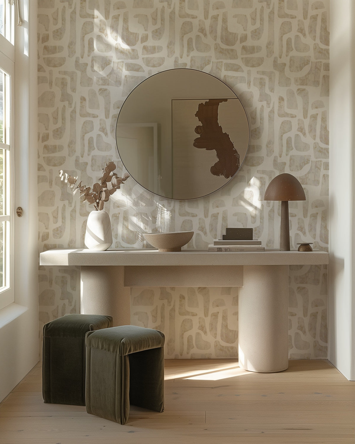 Bright Stones abstract stone-shape wallpaper in warm ivory and sand in an entrance hall