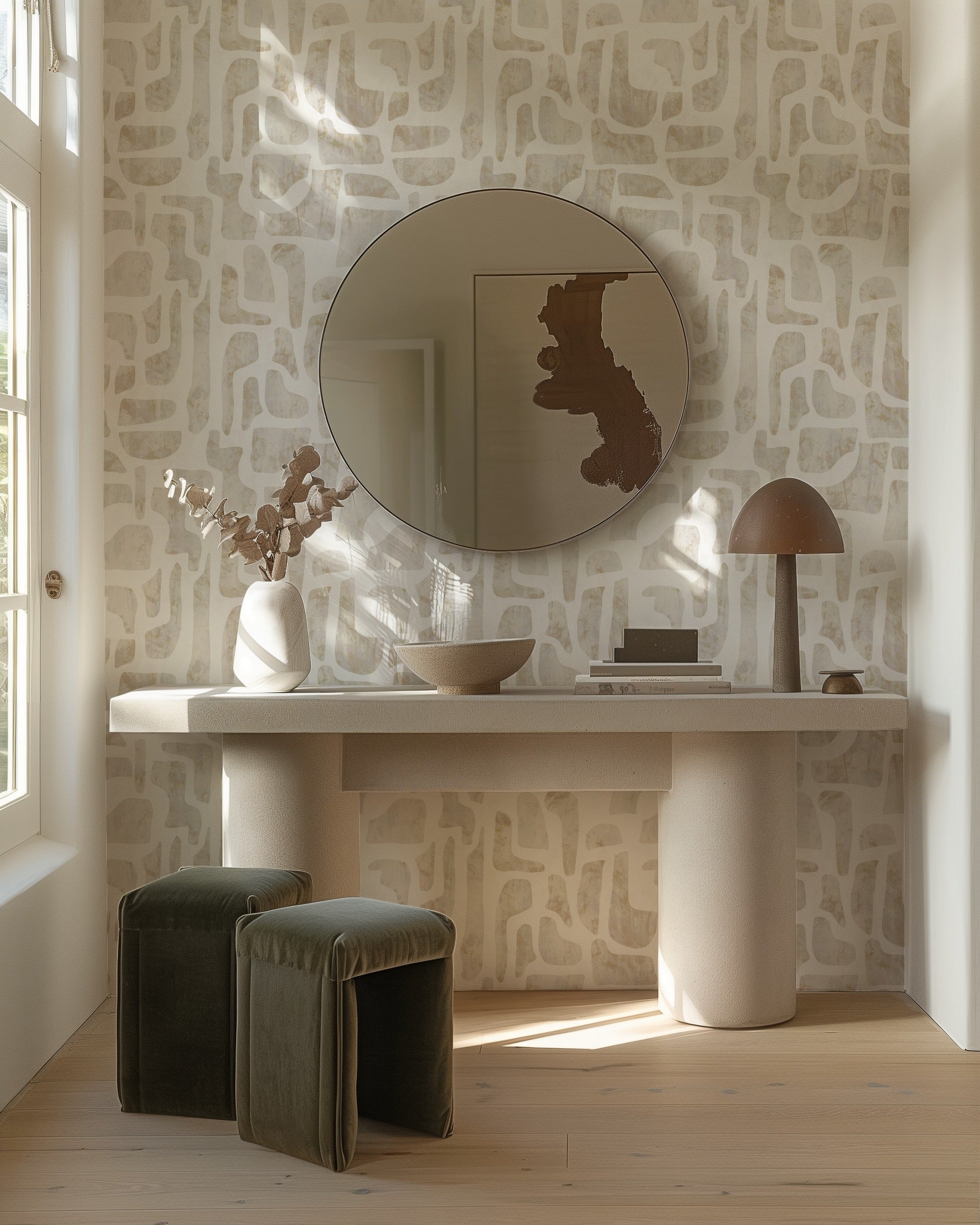 Bright Stones abstract stone-shape wallpaper in warm ivory and sand in an entrance hall