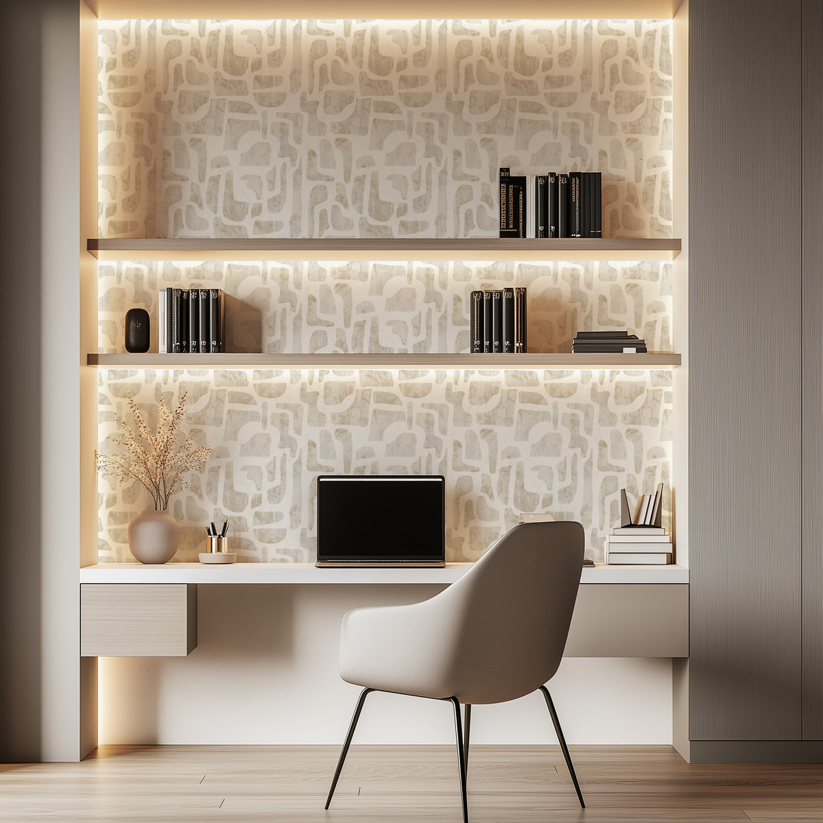 Bright Stones abstract stone-shape wallpaper in warm ivory and sand in a home office