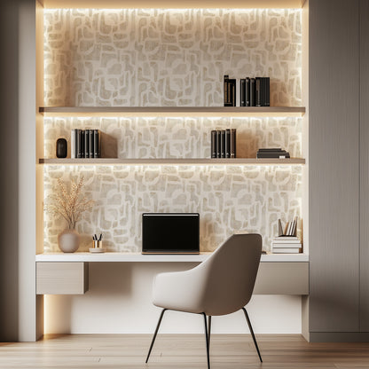 Bright Stones abstract stone-shape wallpaper in warm ivory and sand in a home office