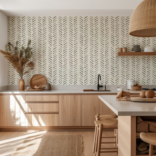 Brush Sticks Prints minimalist neutral brushstroke wallpaper in a dining room