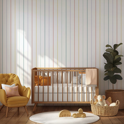 Candy Stripe pastel stripe wallpaper styled in a soft nursery corner