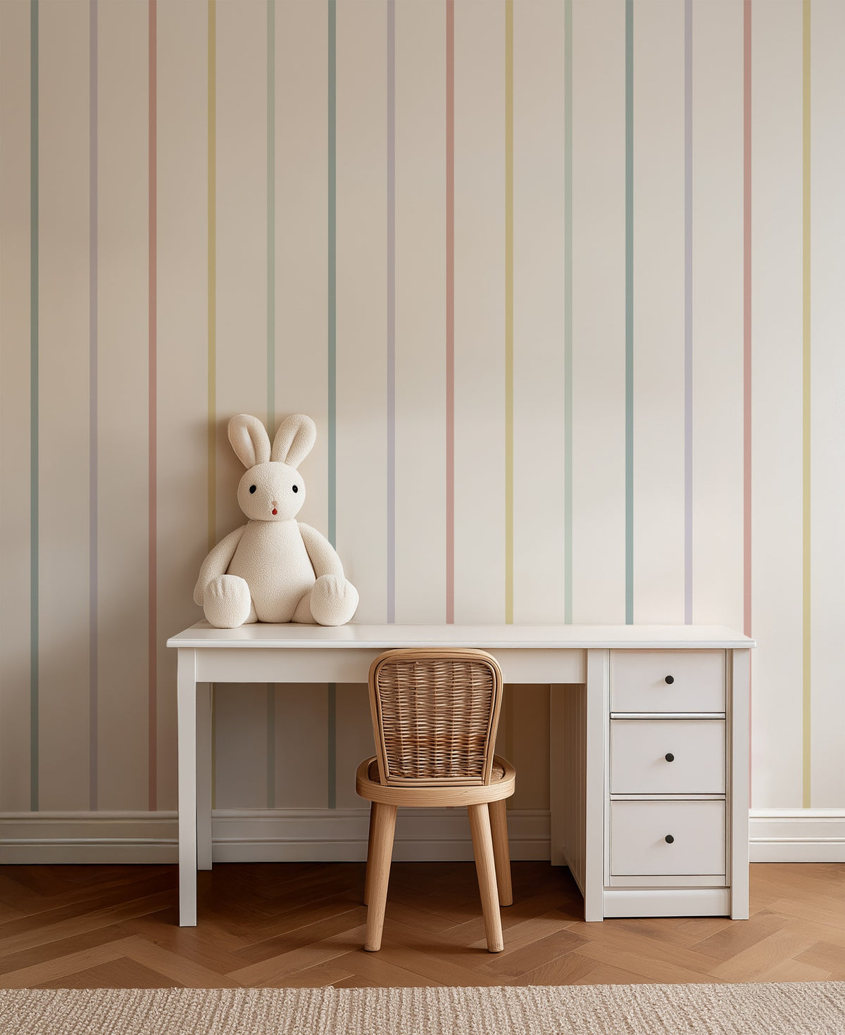 Candy Stripe pastel stripe wallpaper styled in a kids' study corner
