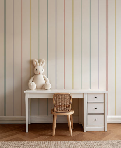 Candy Stripe pastel stripe wallpaper styled in a kids' study corner