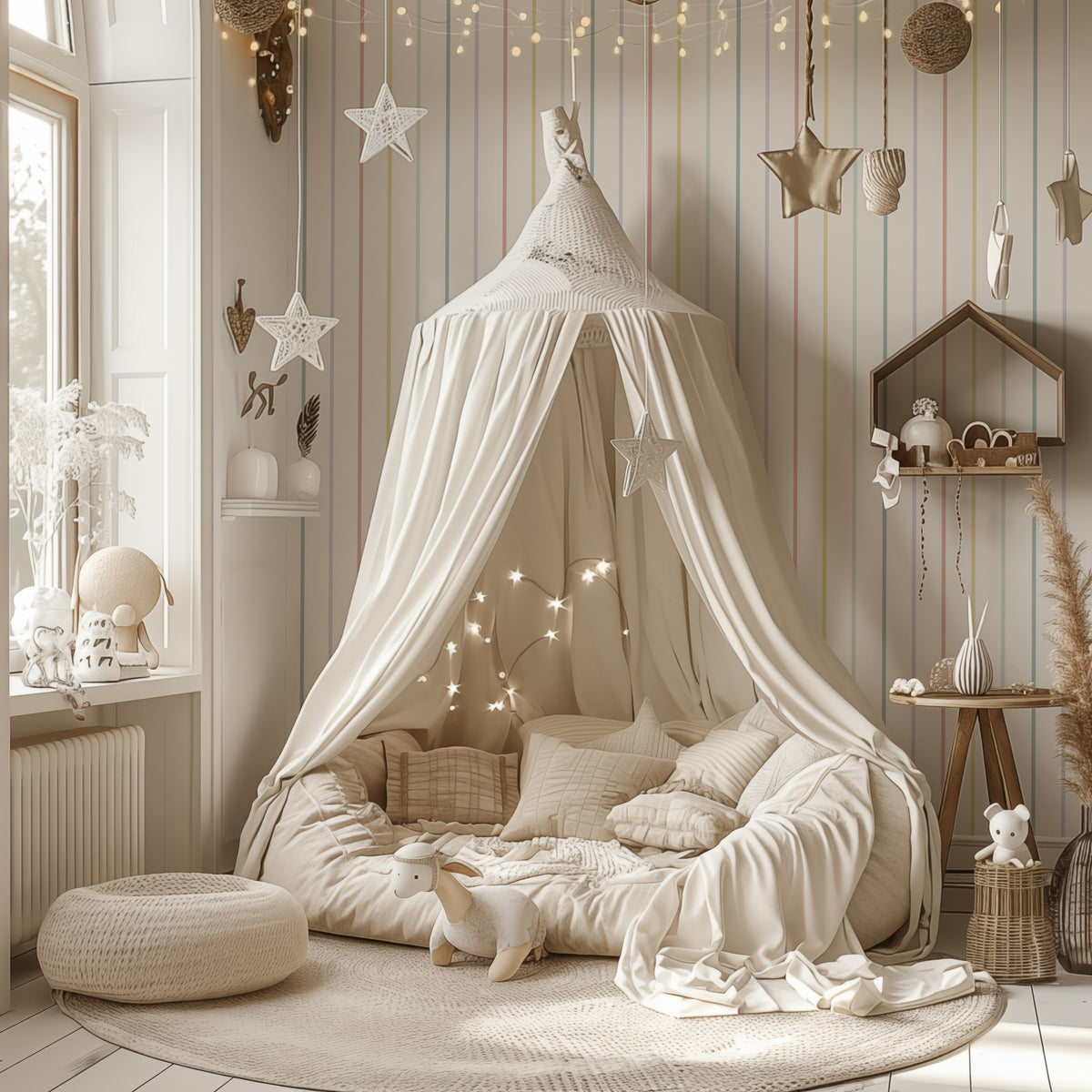 Candy Stripe pastel stripe wallpaper styled in a nursery