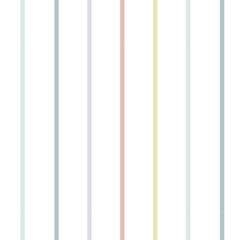 Candy Stripe pastel stripe wallpaper – fine slate blue, lilac, blush, butter yellow and mint stripes on white