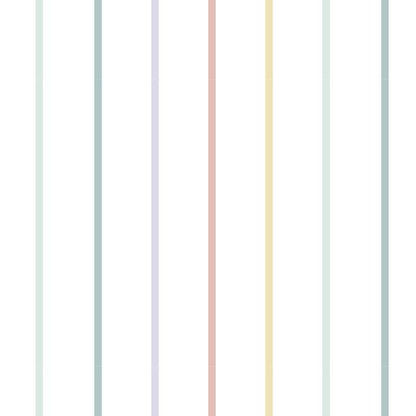 Candy Stripe pastel stripe wallpaper – fine slate blue, lilac, blush, butter yellow and mint stripes on white