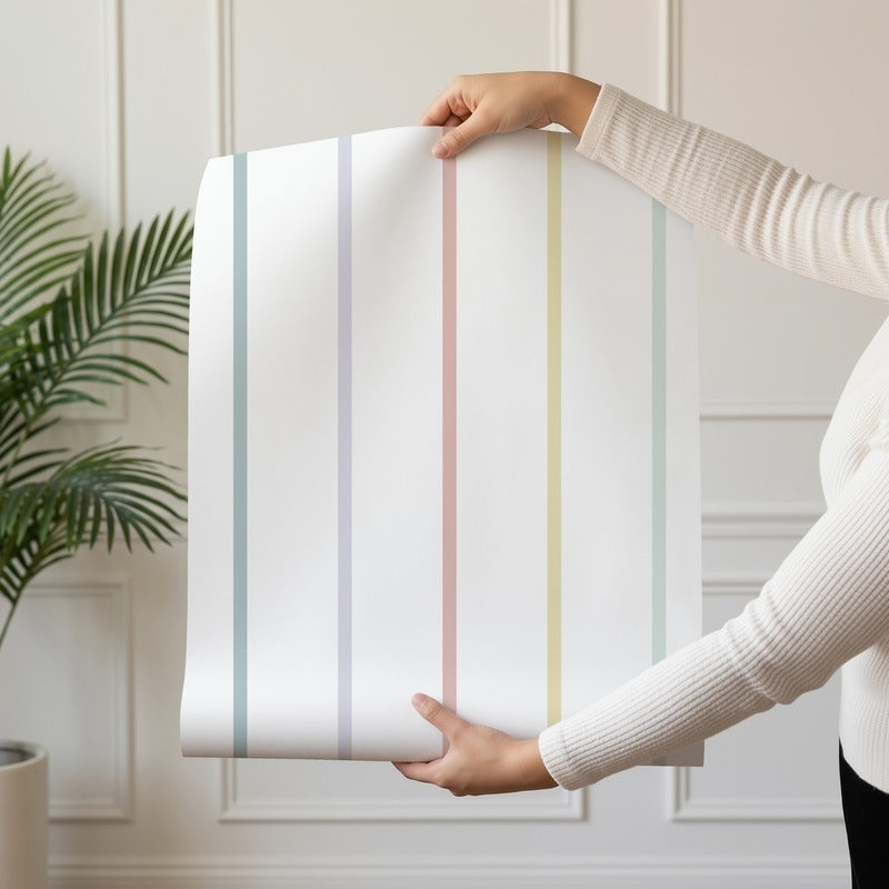 Candy Stripe pastel stripe wallpaper roll – fine slate blue, lilac, blush, butter yellow and mint stripes on white