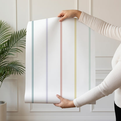 Candy Stripe pastel stripe wallpaper roll – fine slate blue, lilac, blush, butter yellow and mint stripes on white