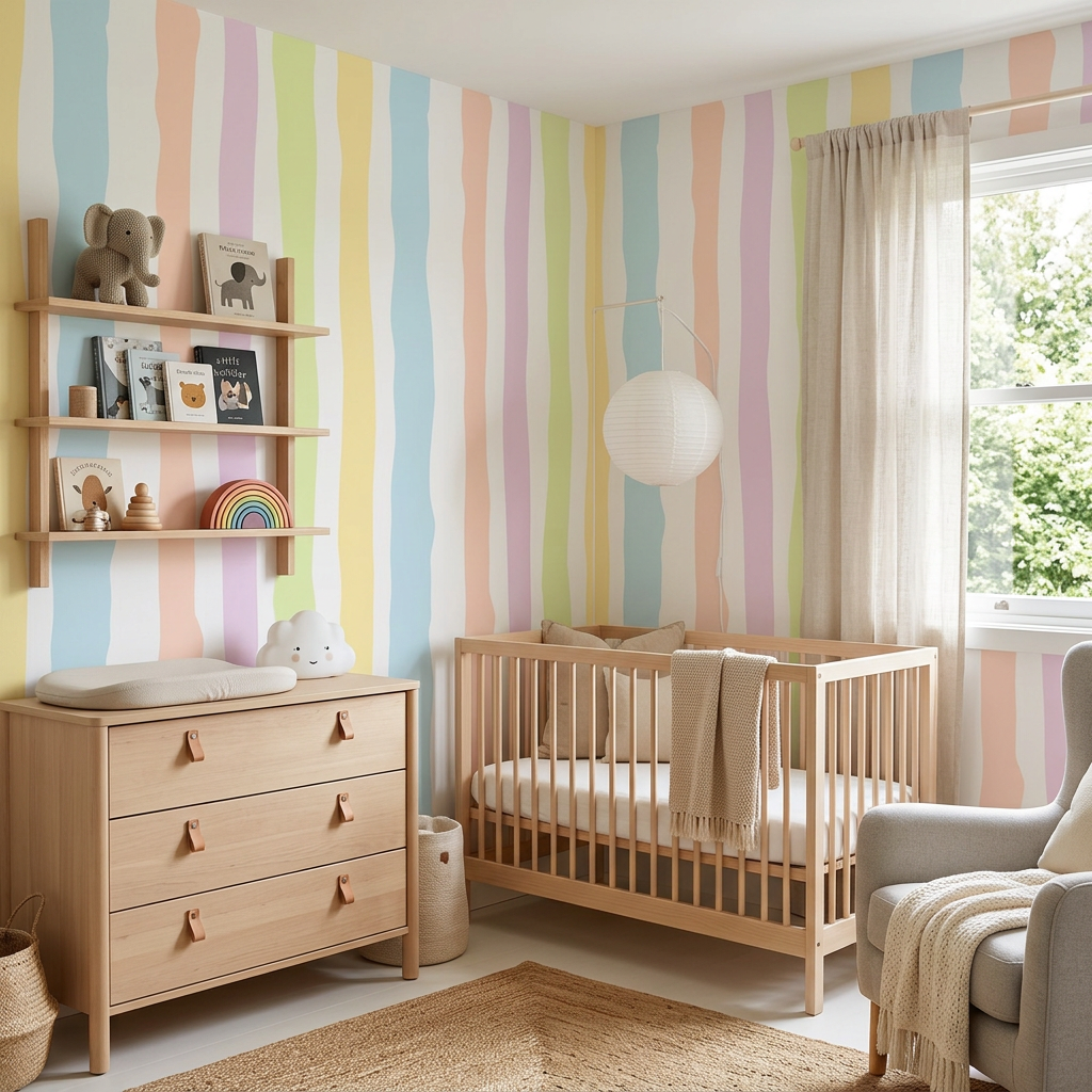 Candy Wave Stripes pastel stripe wallpaper in a Scandinavian nursery with light oak furniture, a cot and a rattan basket