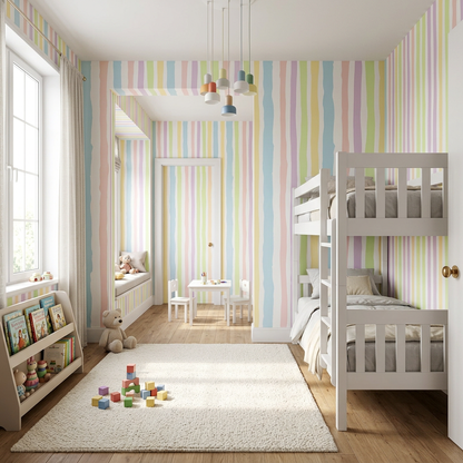 Candy Wave Stripes pastel stripe wallpaper in a shared children's bedroom with white bunk beds and a soft wool rug