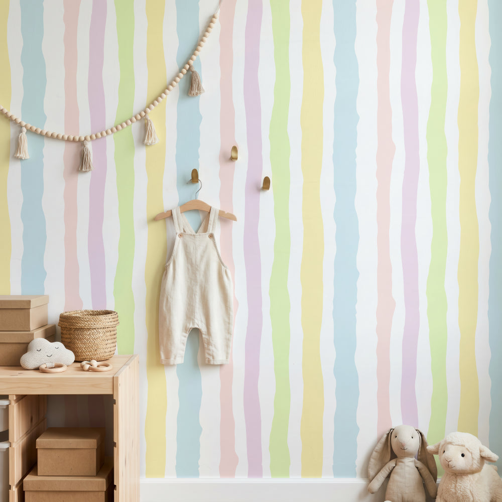 Candy Wave Stripes pastel stripe wallpaper in a soft nursery
