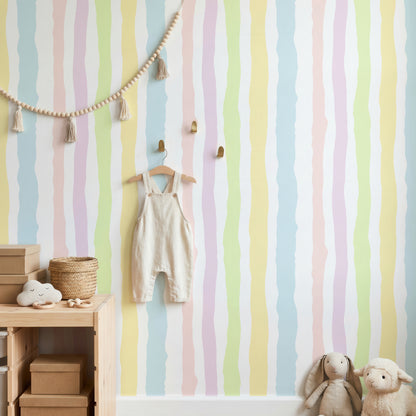 Candy Wave Stripes pastel stripe wallpaper in a soft nursery