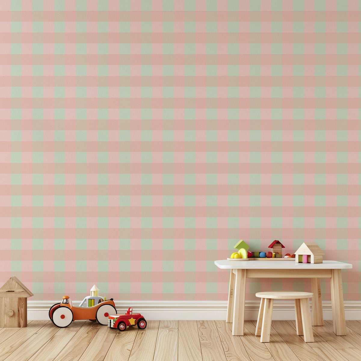 Pastel check wallpaper in a playroom with a wooden table, stool and toy cars