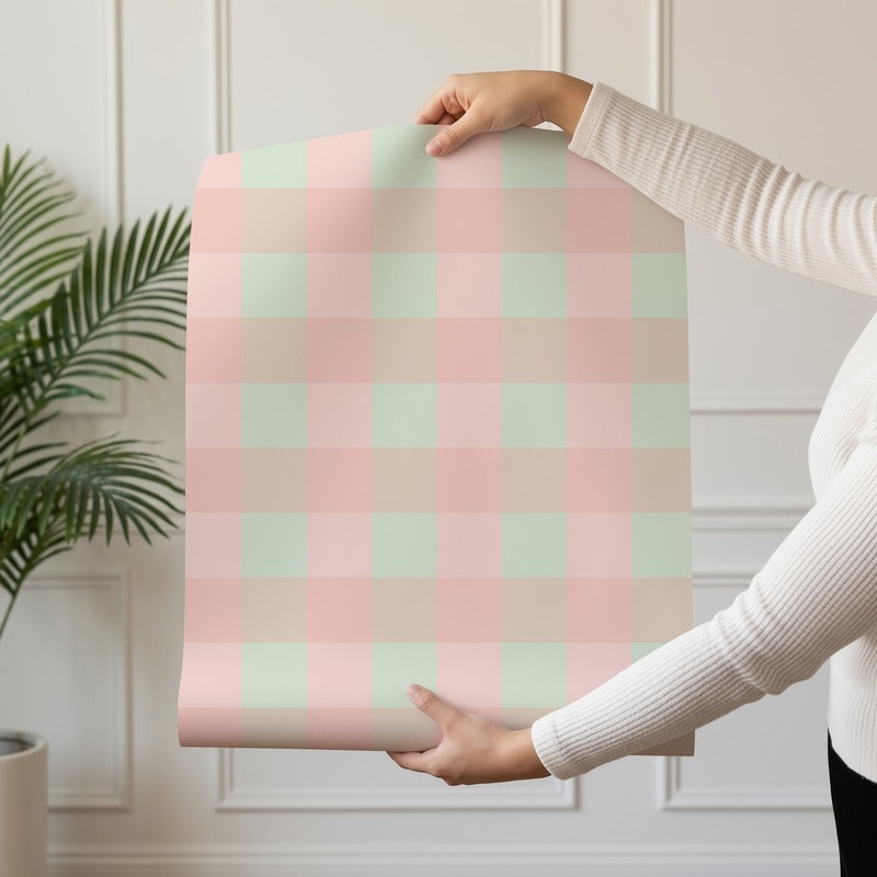Checked Pattern Wallpaper roll in Blush, Mint & Sandy Tan showing the pastel check