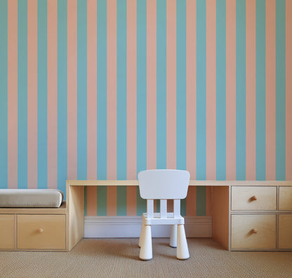 Aqua & Peach – Classic Stripe Wallpaper styled in a kids' room and nursery