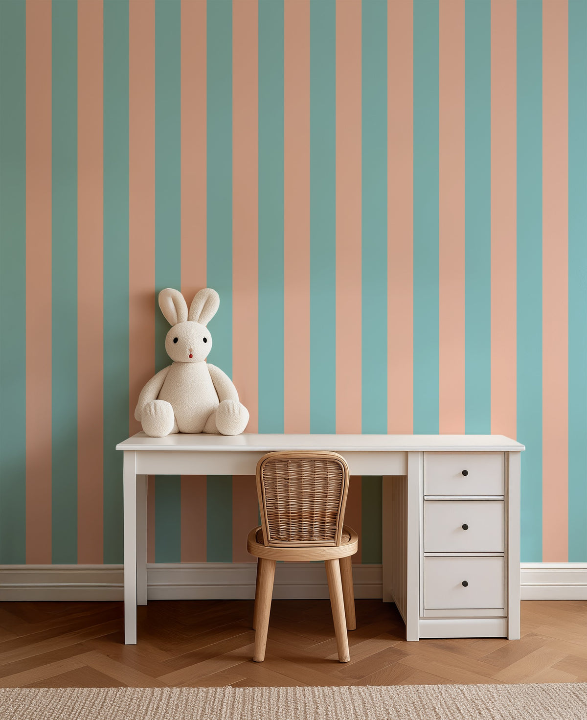 Aqua & Peach – Classic Stripe Wallpaper styled in a kids' room and nursery