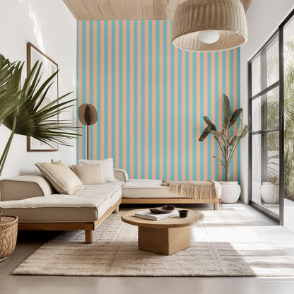 Aqua & Peach – Classic Stripe Wallpaper styled in a living room