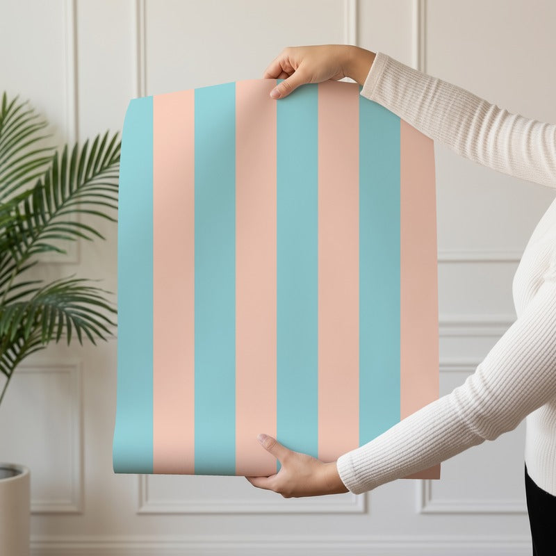 Classic Stripe Wallpaper roll in Aqua & Peach – bold stripes on a peach ground