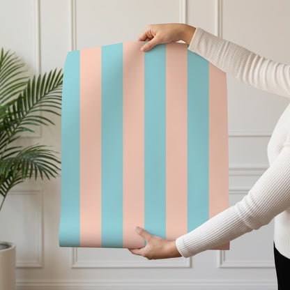 Classic Stripe Wallpaper roll in Aqua & Peach – bold stripes on a peach ground