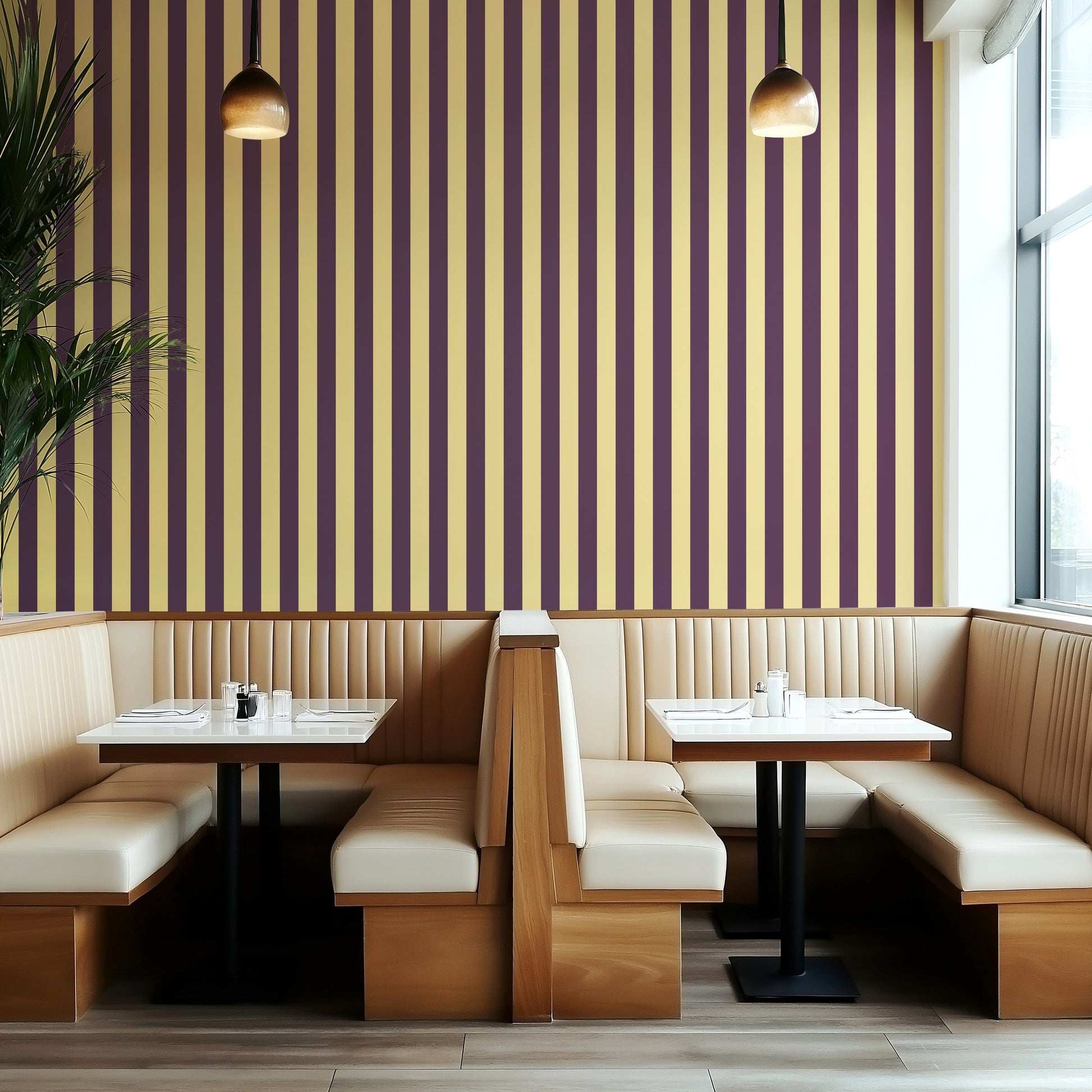 Classic Stripe Wallpaper – Butter & Aubergine styled in a boutique hotel and hospitality space