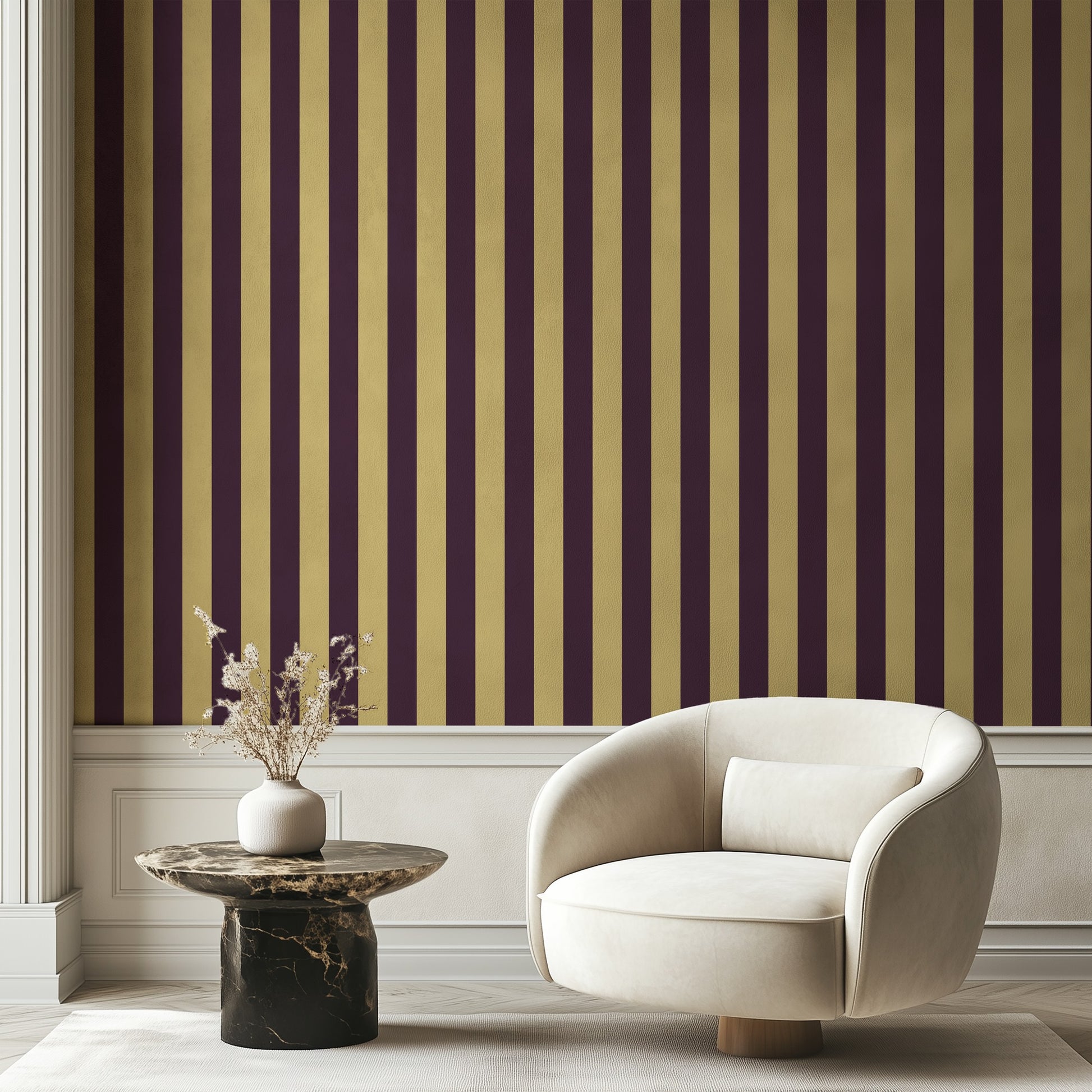 Classic Stripe Wallpaper – Butter & Aubergine styled in a hallway and home office
