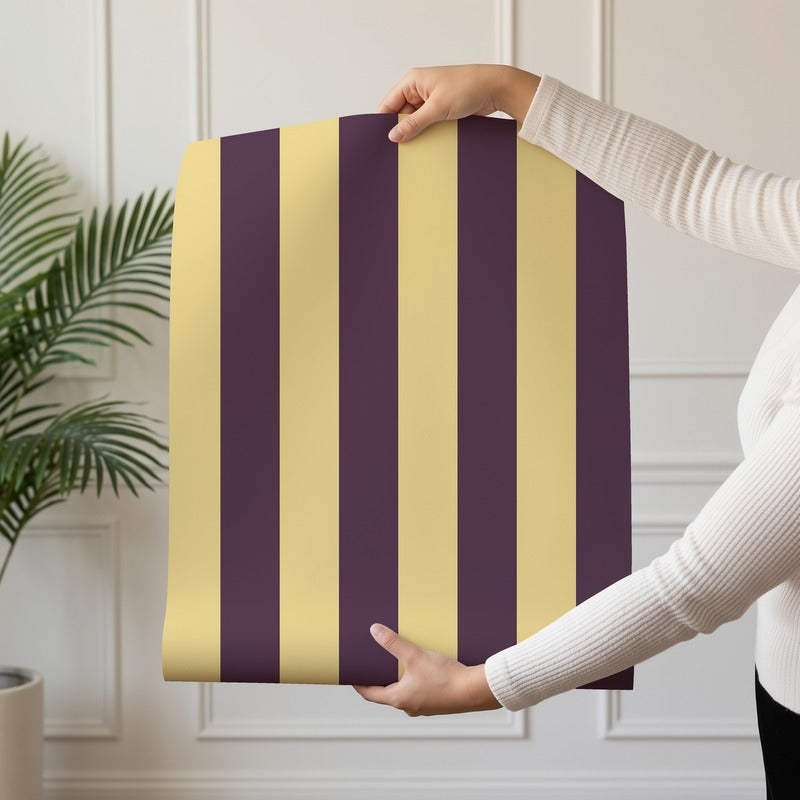 Classic Stripe Wallpaper roll in Butter & Aubergine – bold stripes on an aubergine ground